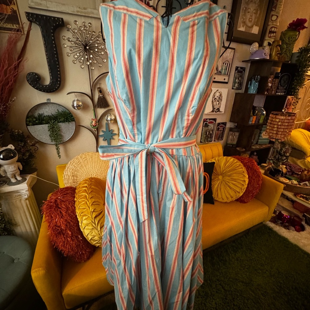 Unique Vintage Blue and White Striped Retro Dress